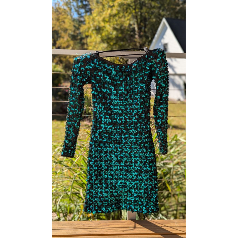 Women's Susan Roselli for Vijack Black Teal Sequin Mini Dress Size 12